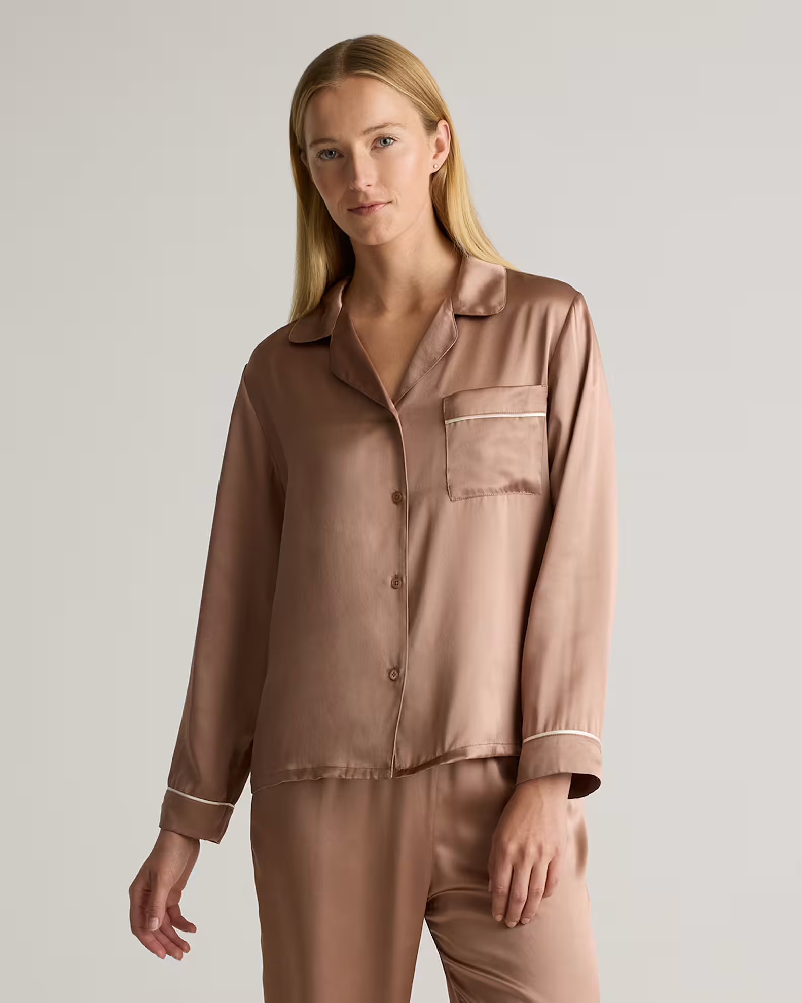 100% Washable Silk Satin Pajama Long Sleeve Top in Toasted Almond | Quince