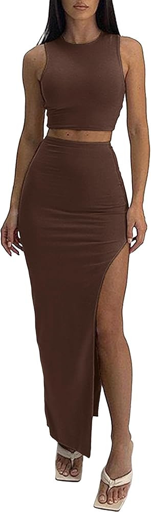 ELLEVEN Sexy 2 Piece Maxi Skirt Sets for Women - Knit Bodycon Crop Tank Top and High Slit Skirt D... | Amazon (US)