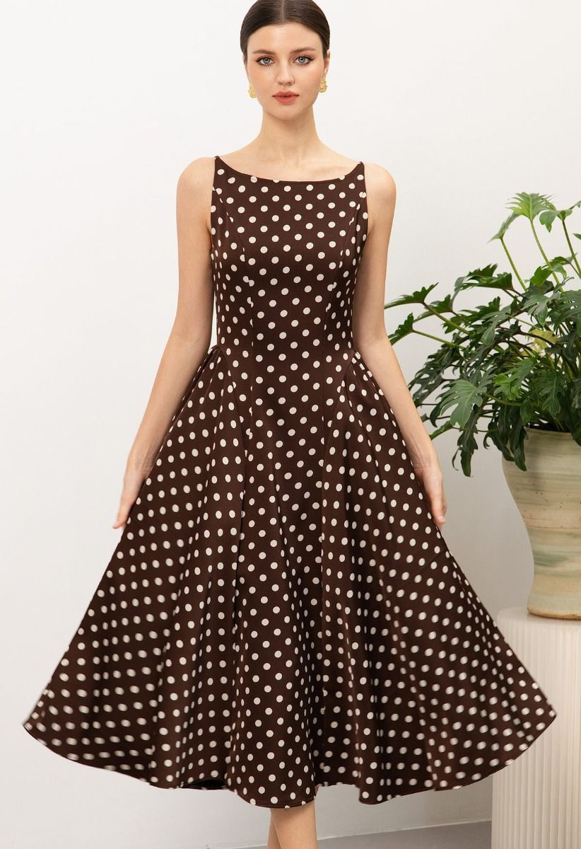 Polka Dot Print Sleeveless A-Line Midi Dress in Brown for Birthday Lunches & Picnic Dates | Chicwish
