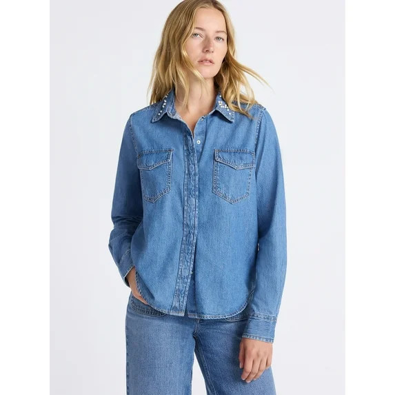 Free Assembly Women's Embellished Denim Shirt with Long Sleeves, Sizes XS-XXXL | Walmart (US)