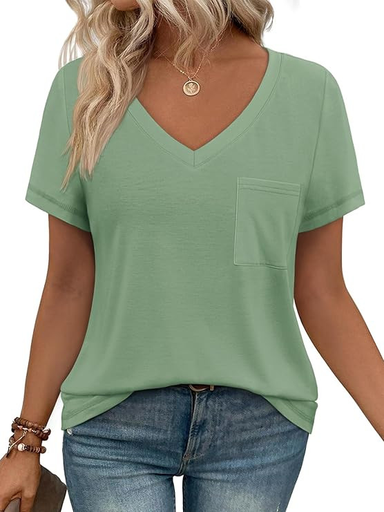 Womens T Shirts Short Sleeve V Neck Tops with Pockets Summer Fashion Trendy Soft Casual Comfy Out... | Amazon (US)