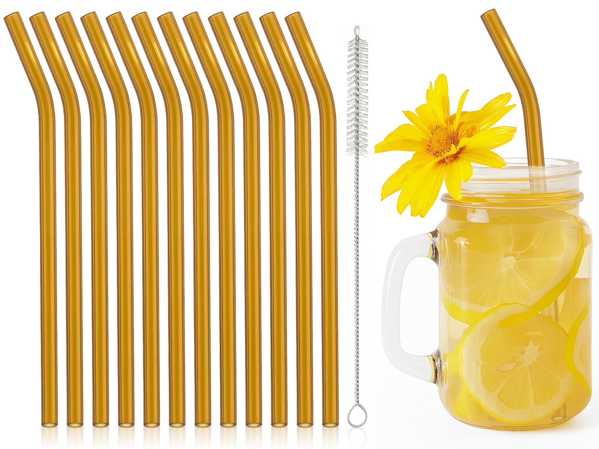 12 Pcs Reusable Glass Straws 8"x 8 mm Bent Glass Drinking Straws with Cleaning Brush for Tea, Smo... | Amazon (US)
