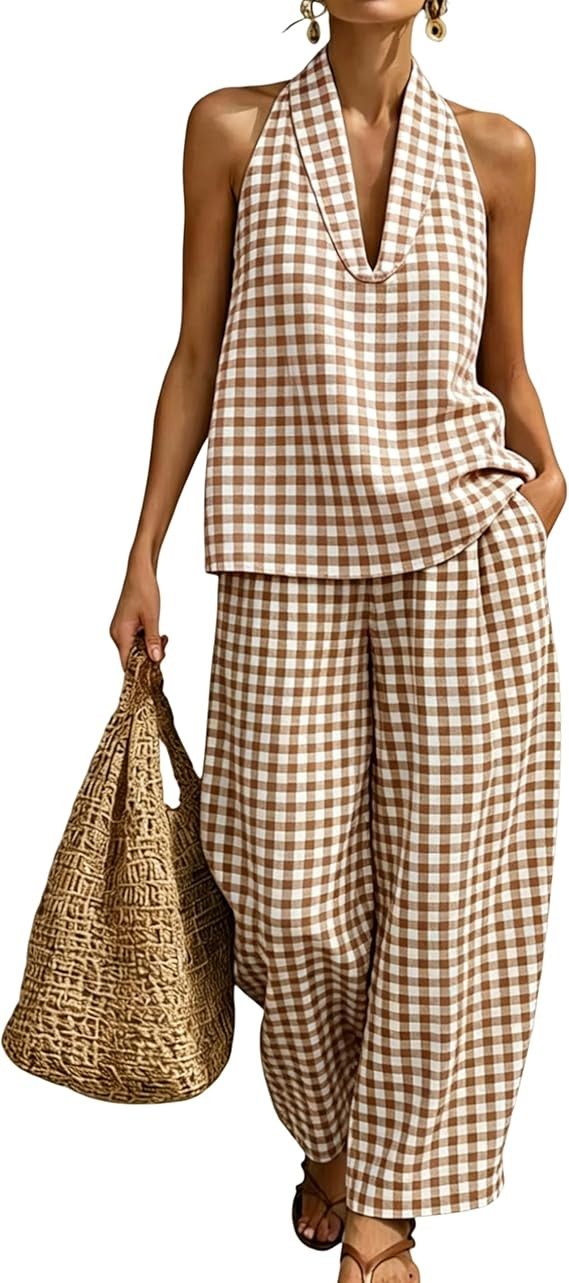 Yeokou Women's 2 Piece Set Outfits Plaid Tank Tops High Waist Wide Leg Pants Gingham Matching Lou... | Amazon (US)