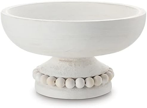 Amazon.com | Distressed Beaded Wood Pedestal Bowl Decorative Wooden Beaded Bowl White Wood Pedest... | Amazon (US)