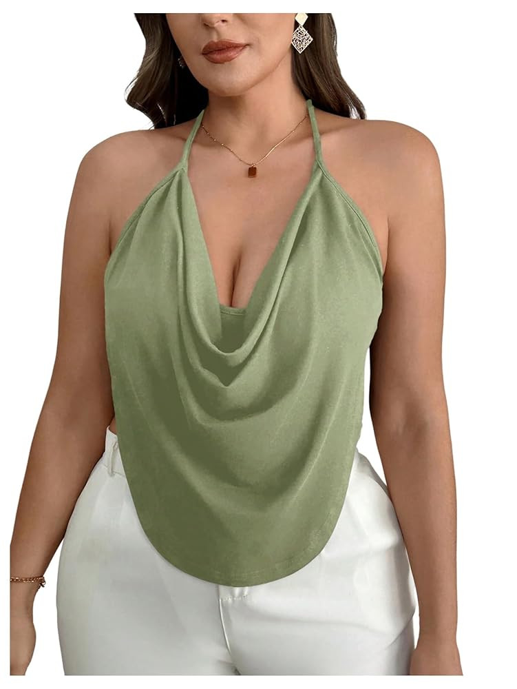 Women's Plus Size Floral Graphic Draped Halter Top Sleeveless Slim Fit Crop Tops Camisole Going O... | Amazon (US)