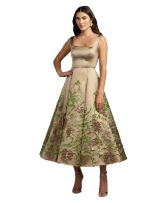 Mac Duggal Women's Embroidered Floral Jacquard A-Line Midi Dress - Gold | Macy's