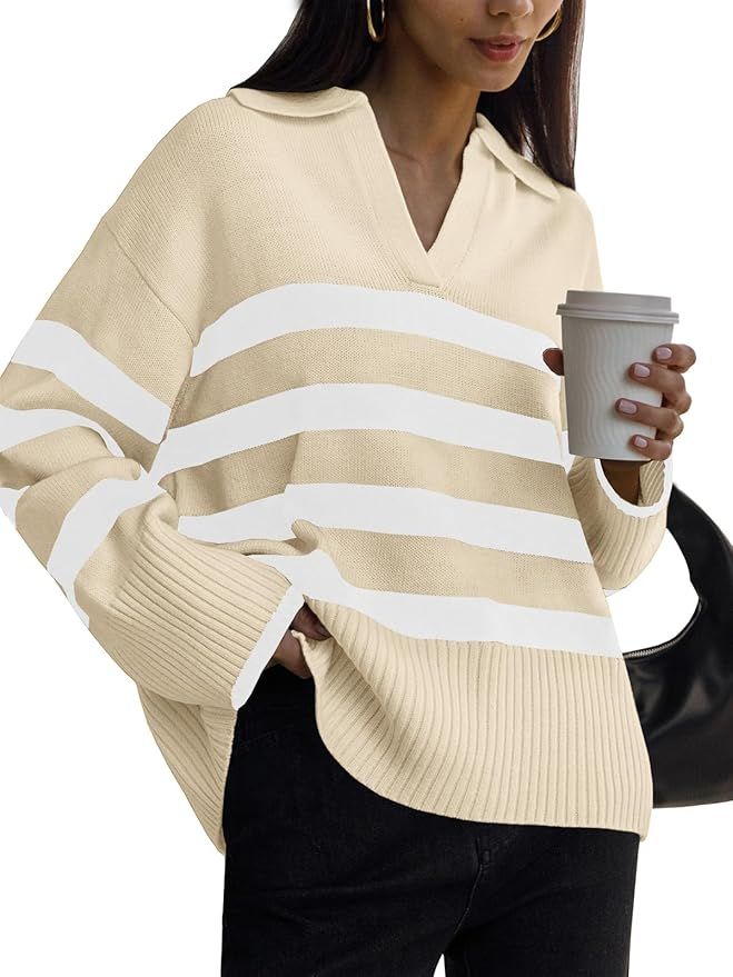 LILLUSORY Womens Striped Oversized Fashion Sweaters Collared Knit Pullover Tunic Long Sleeve Tops | Amazon (US)