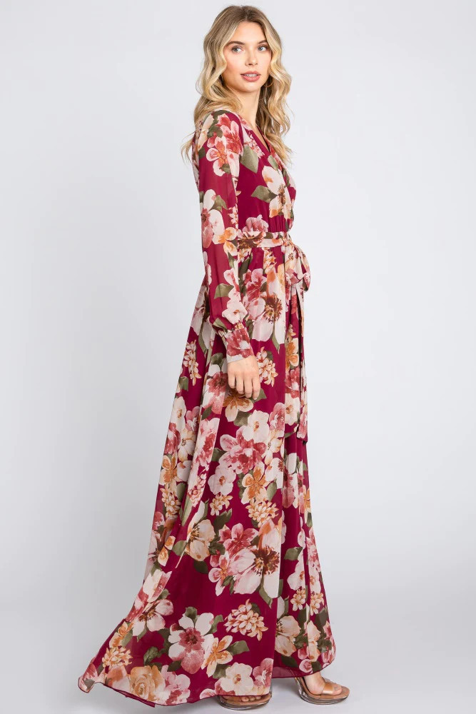 Burgundy Floral Chiffon Wrap Front V-Neck Long Sleeve Maxi Dress | PinkBlush Maternity
