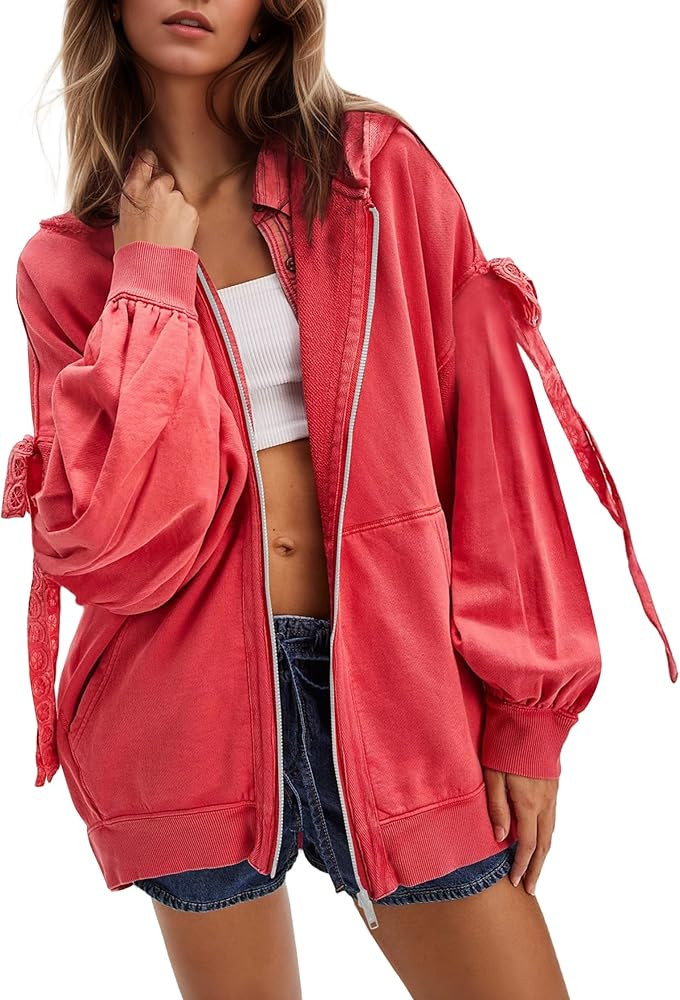 OLAPTA Zip Up Hoodies Women Oversized Bow Tie Long Sleeve Teens Sweatshirts Casual Fall Winter Ho... | Amazon (US)