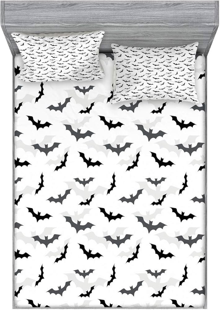 Lunarable Goth Fitted Sheet & Pillow Sham Set, Halloween Concept Silhouette of Flying Bats and Sh... | Amazon (US)