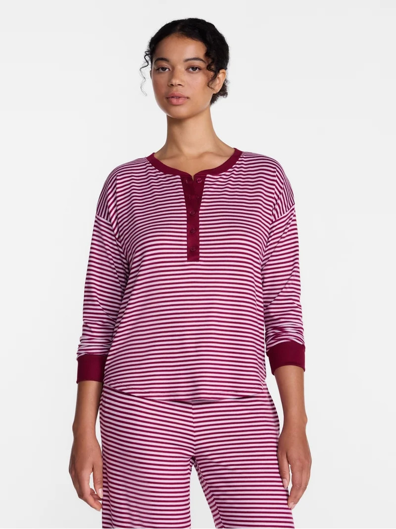 Joyspun Women's Cozy Lounge Collection Hacci Long Sleeve Henley Sleep Top, Sizes XS to 3X | Walmart (US)