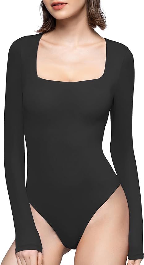 PUMIEY Women's Square Neck Long Sleeve Bodysuit Sexy Body Suit Tops Smoke Cloud Collection | Amazon (US)