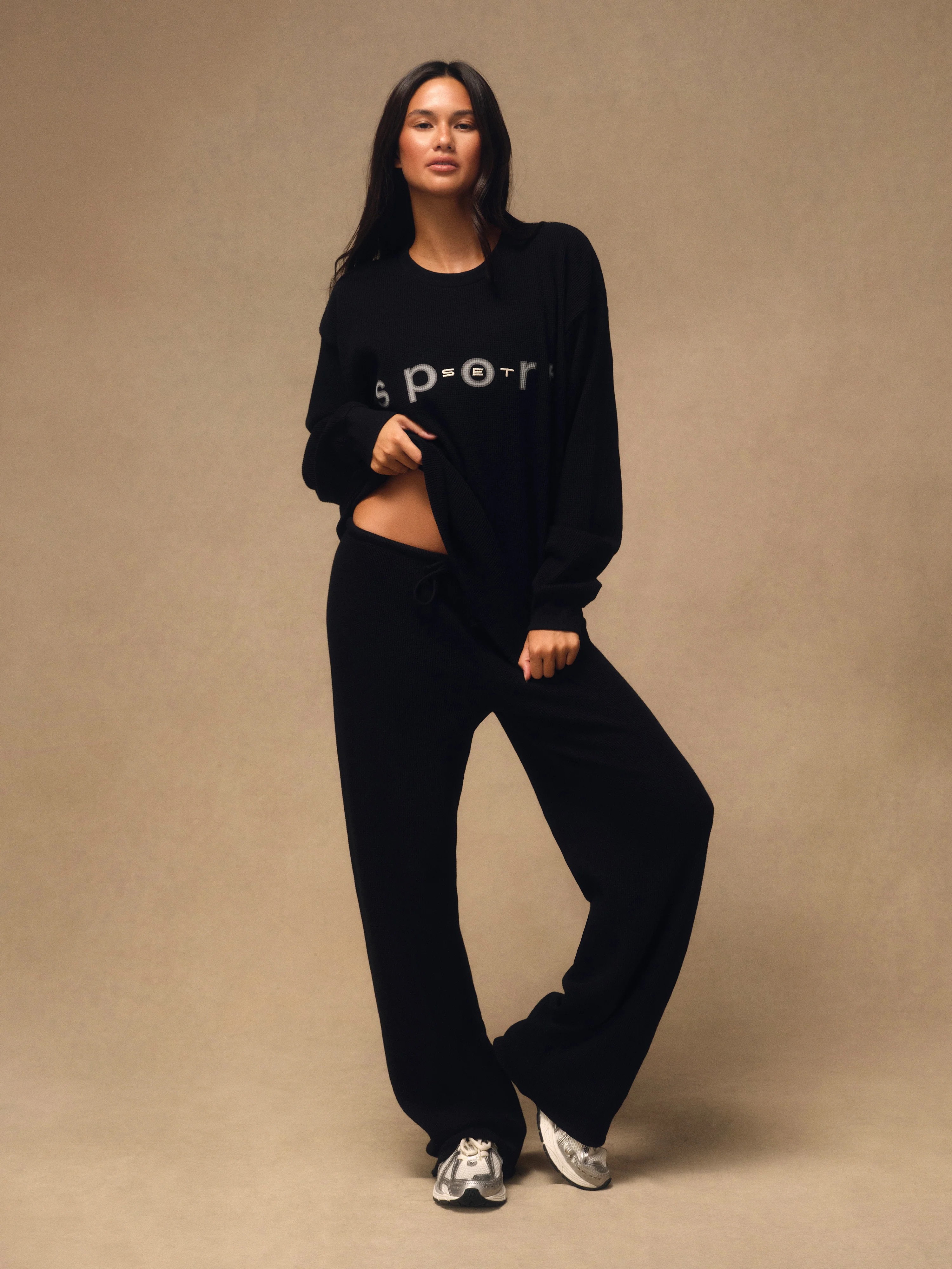 WAFFLE LOUNGE DRAWSTRING STRAIGHT LEG PANTS - ONYX | SET Active