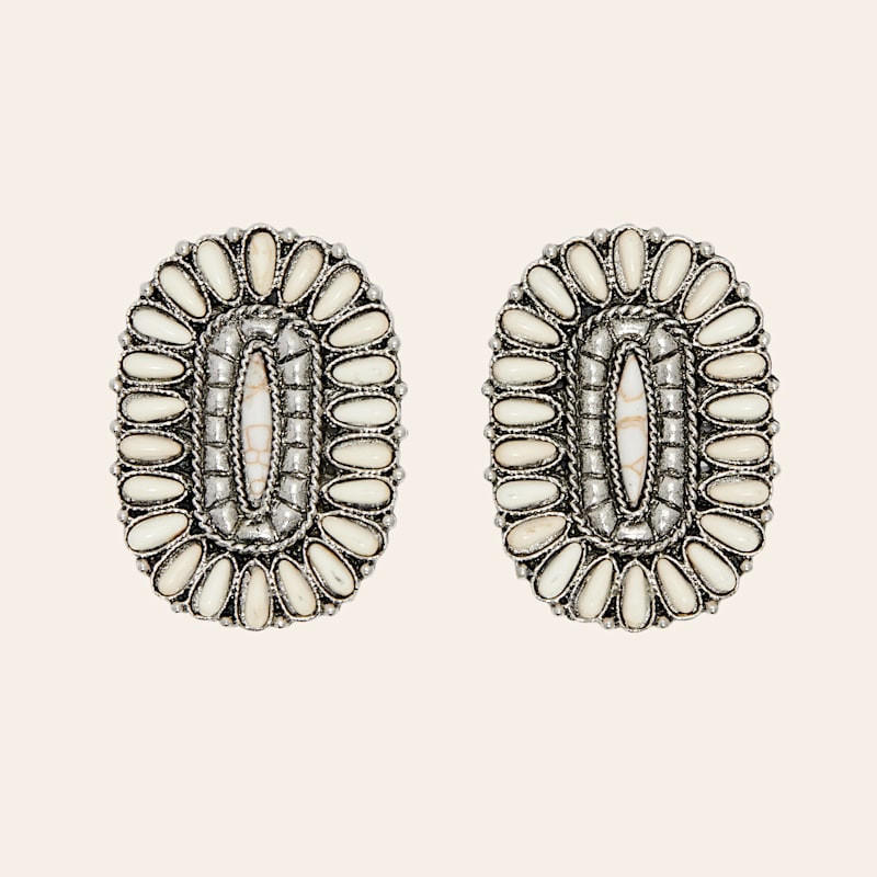 Rockin' C Silver & Cream Oval Stud Earrings | Cavender's