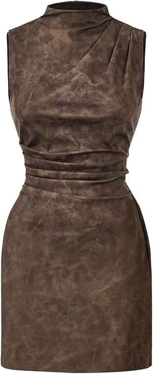 Women's PU Leather Ruched Bodycon Dresses Mock Neck Sleeveless Zipper Mini Tank Dress | Amazon (US)