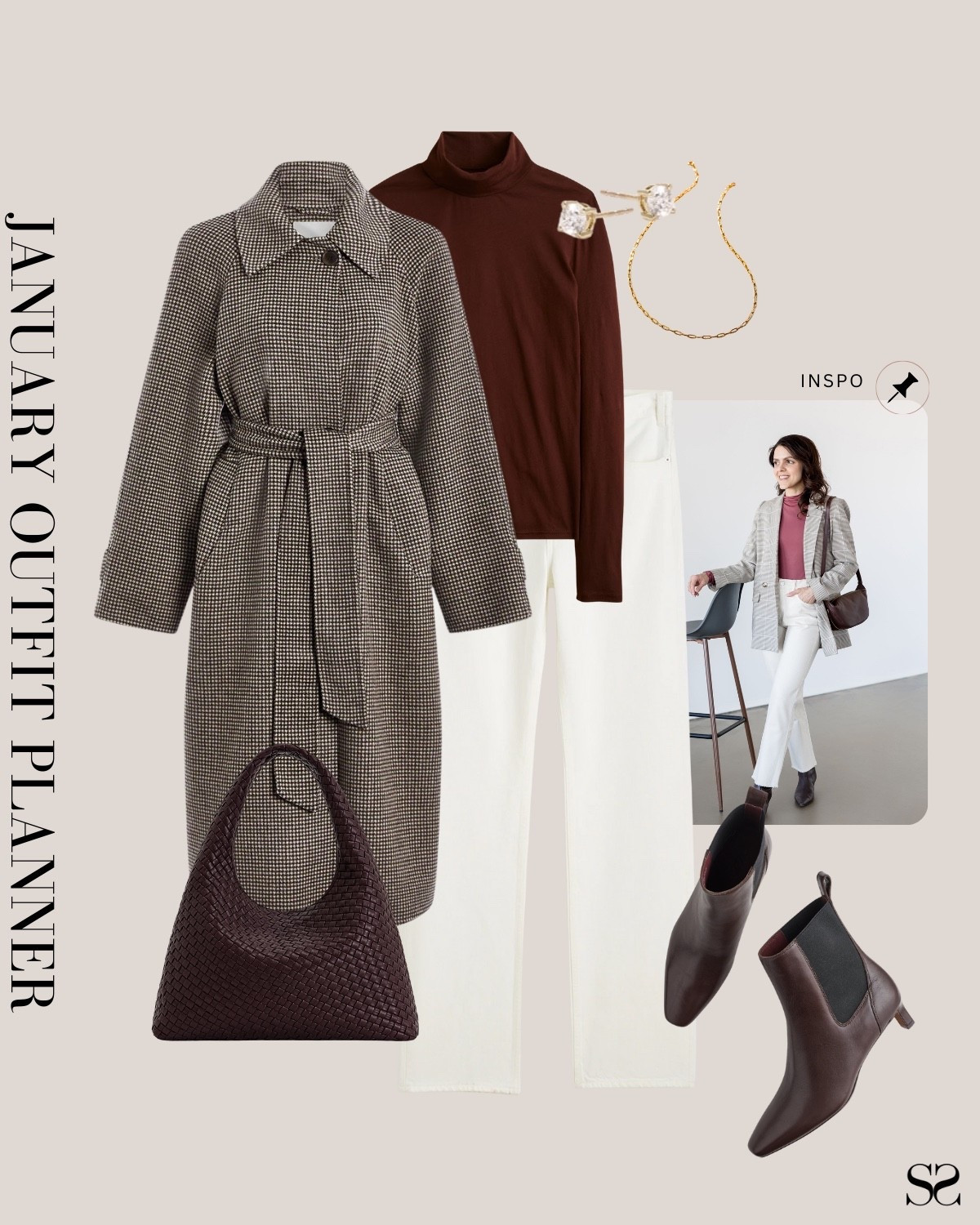 Monthly outfit planner JANUARY: Winter outfits | white ecru denim, houndstooth coat, burgundy turtleneck, ankle boots, woven tote 

#classicstyle #LTKstyletip #winteroutfit #casualchic

#LTKSeasonal #LTKgrwm #LTKootd
