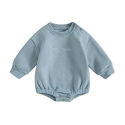 VISGOGO Baby Boy Oversized Sweatshirt Romper Solid Long Sleeve Little Dude Romper Sweater Onesie Top Fall Clothes (Blue, 0-3 Months) | Amazon (US)