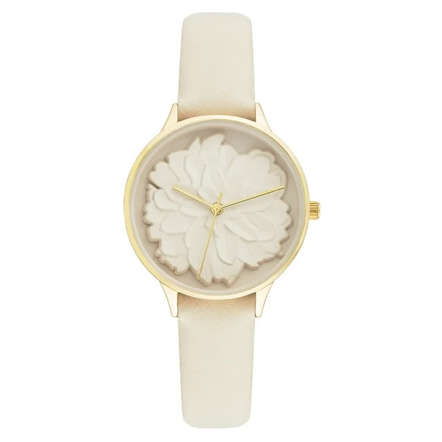 Time and Tru Womens Leather Strap Off-White Flower Wristwatch | Walmart (US)