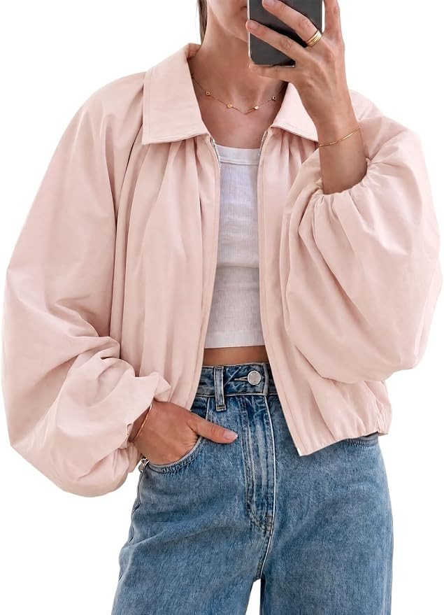 Tankaneo Womens Cropped Jackets Bomber Coat Fall Casual Zip Up Outerwear | Pleated Puff Long Slee... | Amazon (US)