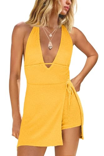 Yanekop Womens Romper Dress with Shorts Underneath Summer Short Jumpsuits Open Back Sexy Beach Vacation Dresses(Bright Yellow,M) | Amazon (US)