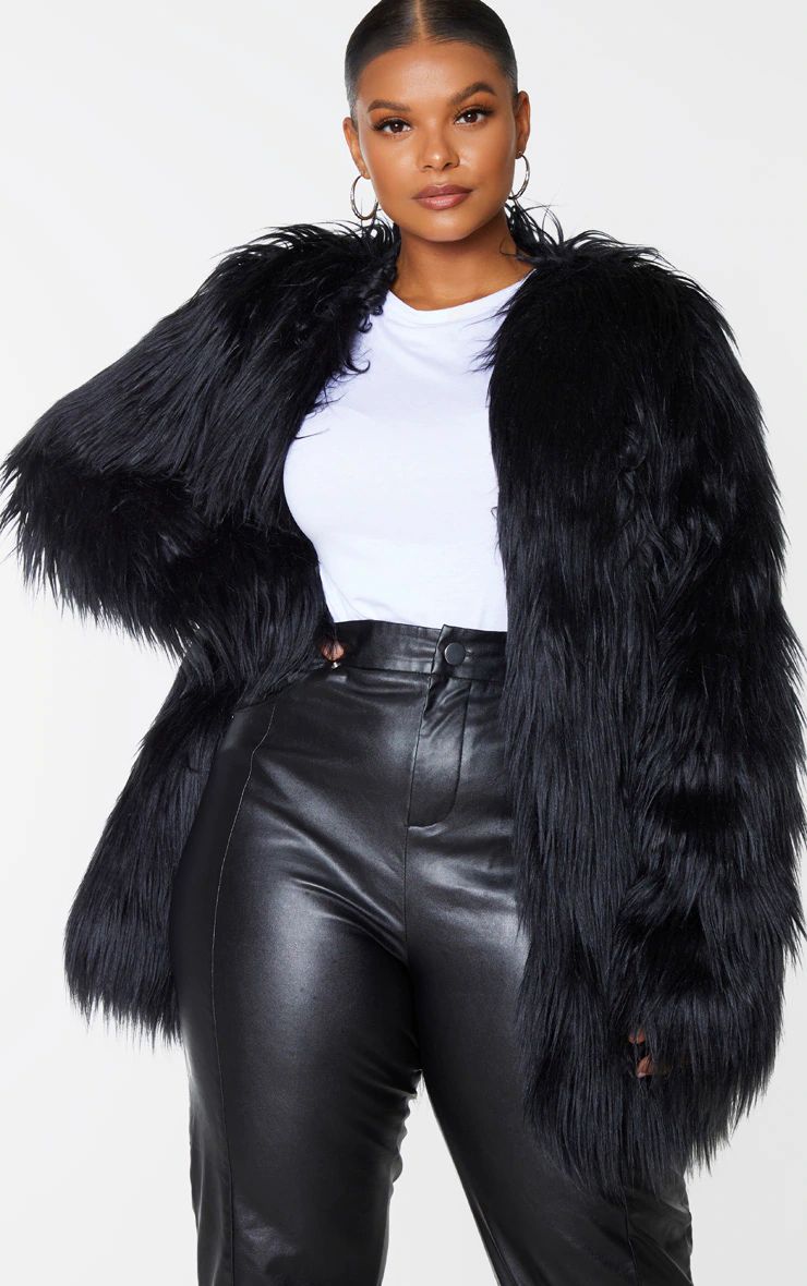 Plus Amaria Black Shaggy Faux Fur Jacket | PrettyLittleThing US