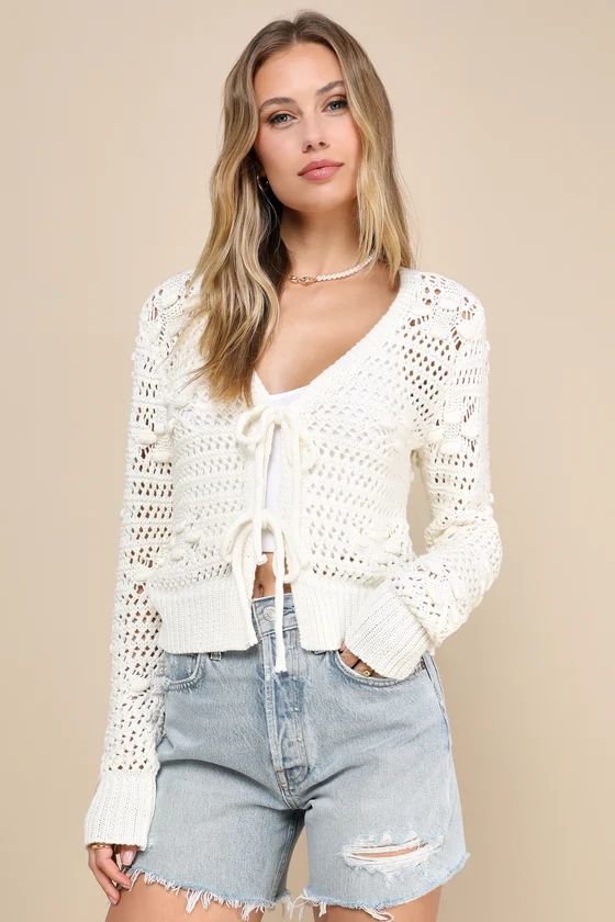 Perfect Direction Ivory Crochet Tie-Front Cardigan Sweater | Lulus