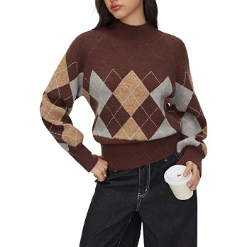 CIDER Women's Mock Neck Sweaters Argyle Knitted Pullover Tops | Amazon (US)
