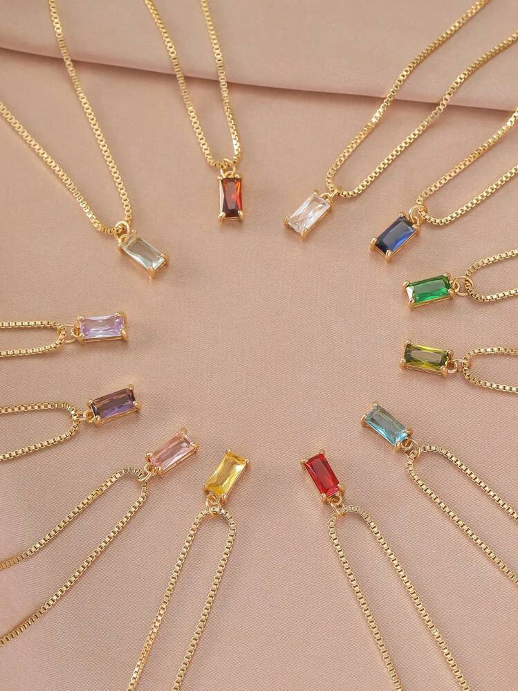 1pc Custom Birthstone Necklace, Square Gemstone Personalized Birthday Gift, Mother's Day Gift | SHEIN