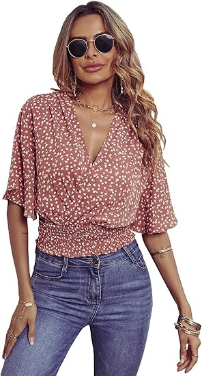 SheIn Women's Wrap V Neck Shirred Boho Blouses Floral Print Short Sleeve Crop Tops | Amazon (US)