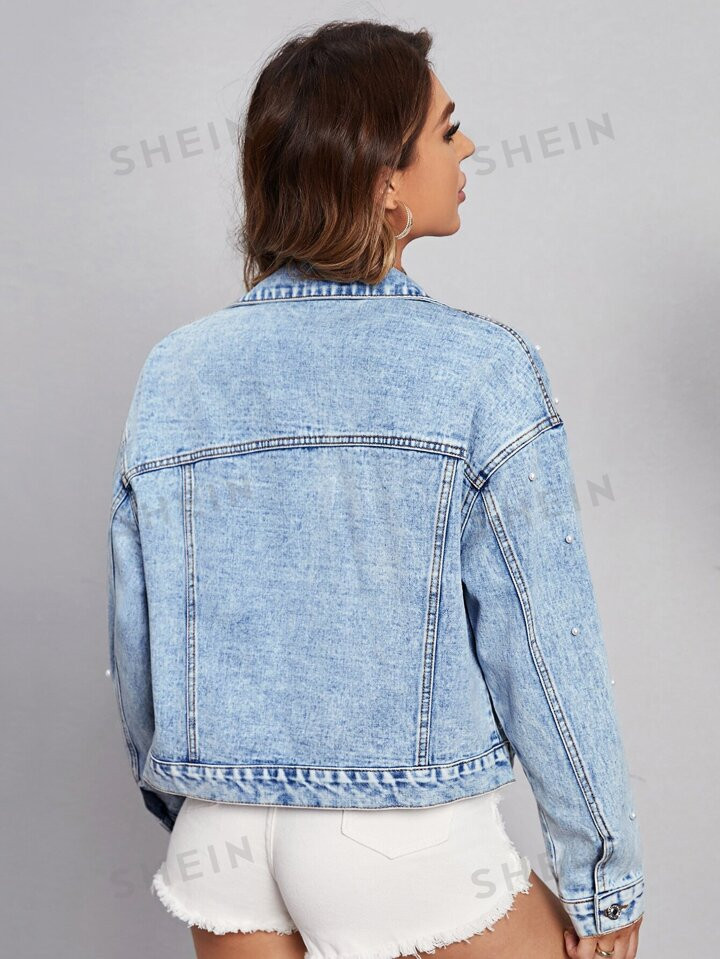 SHEIN Essnce Drop Shoulder Pearl Beaded Denim Jacket | SHEIN