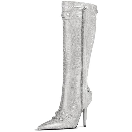 MUCCCUTE Silver Rhinestone Knee High Boots for Women - Sexy Stiletto Pointed Toe Boot Heels Pull-On Tall Boots with Rivets Studded Zipper | Amazon (US)