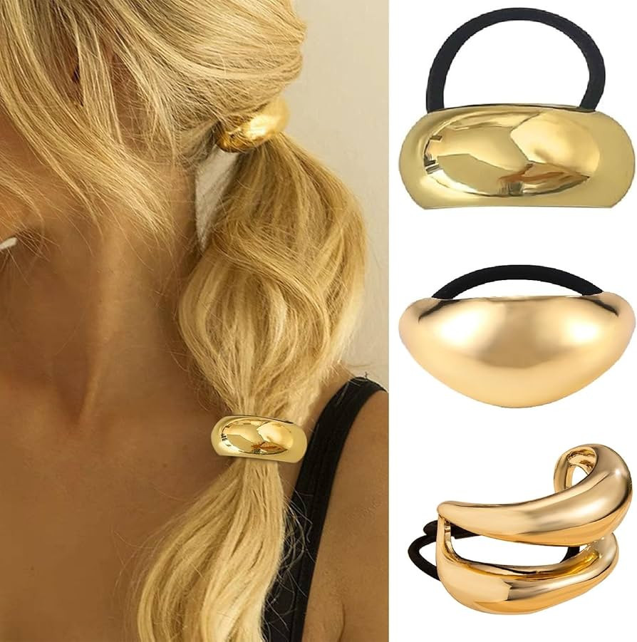 papasgix 3 Metal Hair Ties, Ponytail Cuffs - Gold & Silver Hair Accessories for Women (Gold Set 2... | Amazon (US)