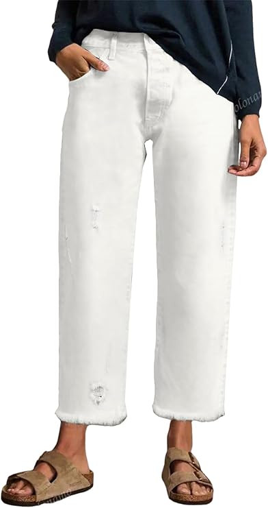 EVALESS Wide Leg Jeans for Women Stretchy Distressed Washed Straight Leg Loose Frayed Raw Hem Den... | Amazon (US)