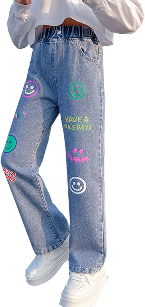 NABER Kids Girls Casual Baggy Wide Leg Denim Pants Elastic Waist Casual Jeans Age 5-14 | Amazon (US)
