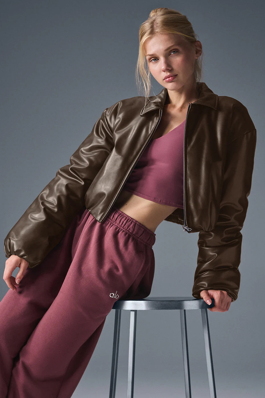 ALO | Faux Leather Cropped Premier Bomber Jacket in Espresso Brown, Size: XS | Alo Yoga (US)