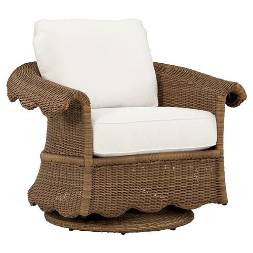Cielo Coastal White Sunbrella Brown Wicker Scalloped Outdoor Swivel Glider Chair | Kathy Kuo Home