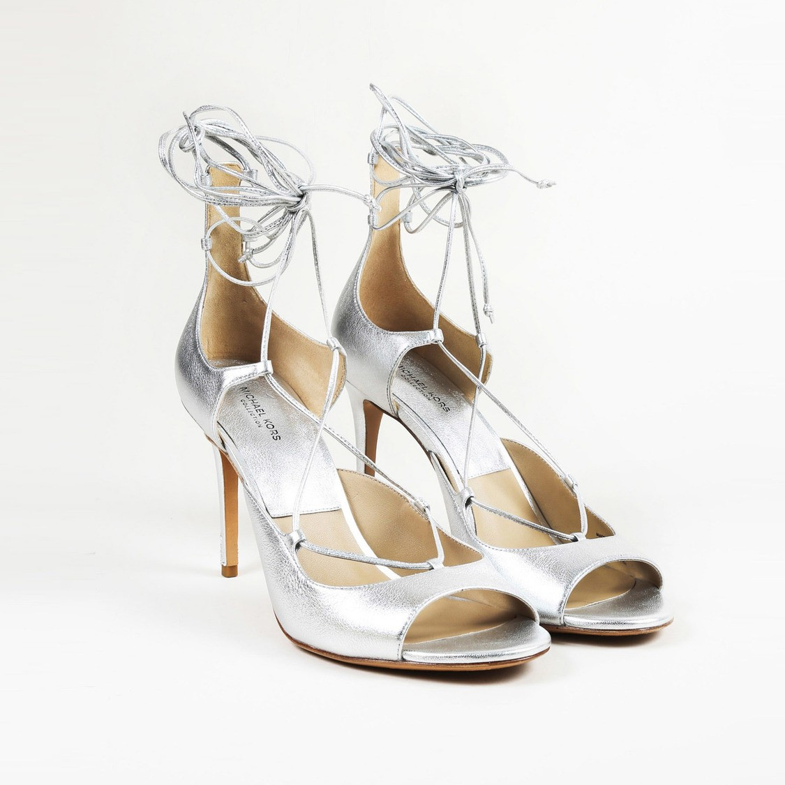 Silver Leather Lace Up Heeled Sandals | Luxury Garage Sale