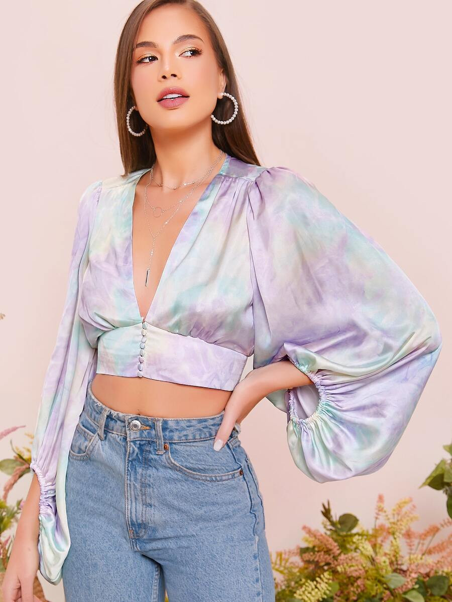 Multicolorido Butões na frente Tie Dye Boho Blusa | SHEIN