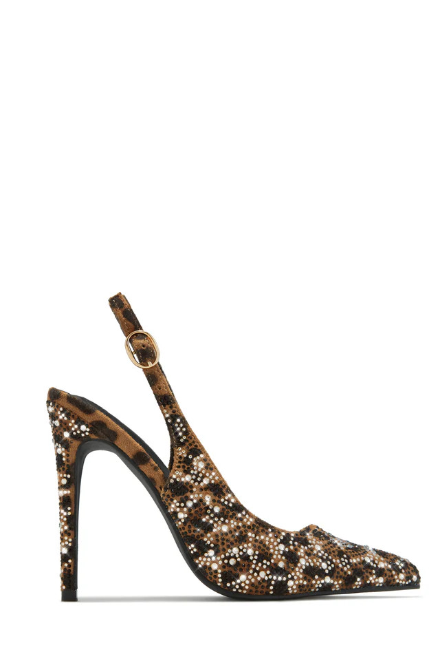 Miss Lola | Carys Leopard Embellished Slingback Pump Heels | MISS LOLA