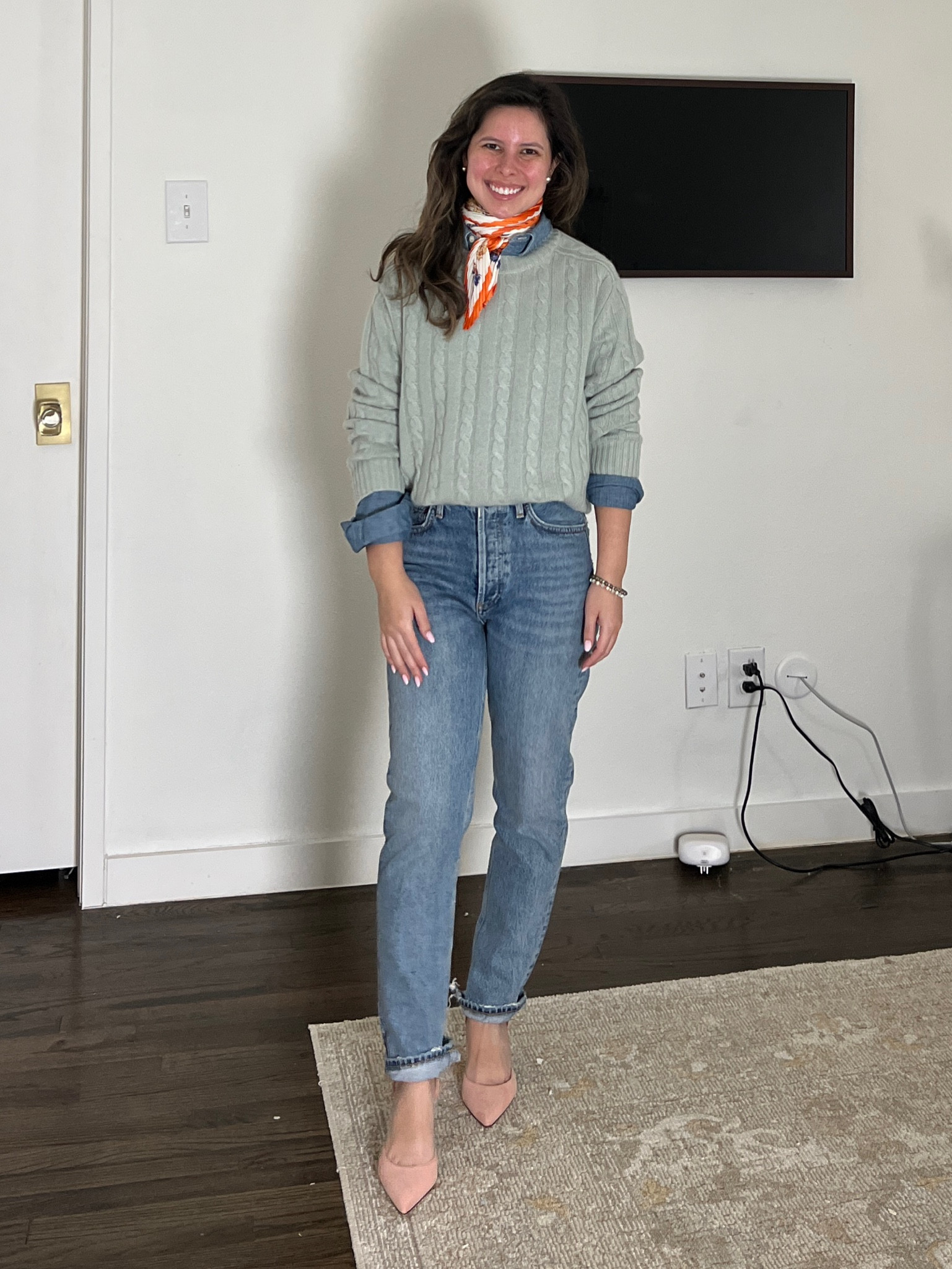 Recreating wags of f1 outfits, Zara cashmere cableknit sweater, agolde Riley jeans, Ralph Lauren chambray top, denim on denim, winter pastels, j crew pink sling back heels, silk scarf 

#LTKstyletip #LTKunder100 #LTKshoecrush