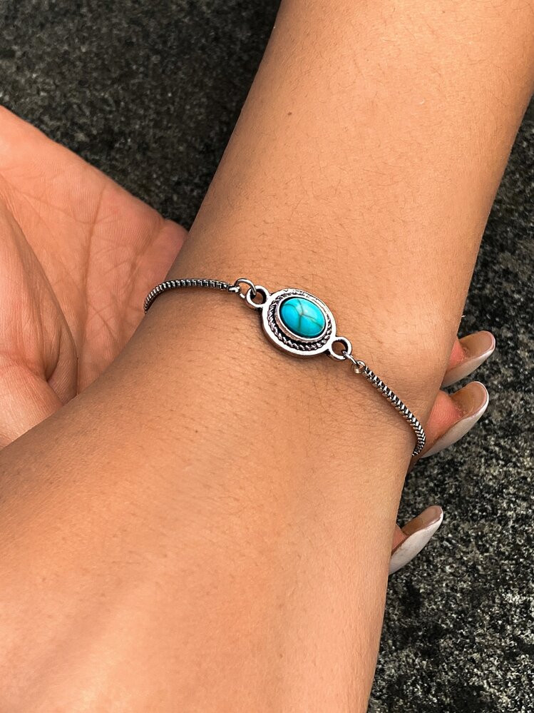 1pc Vintage Western Style Turquoise Inlay Geometric Design Bracelet For Women, Boho Vacation Styl... | SHEIN