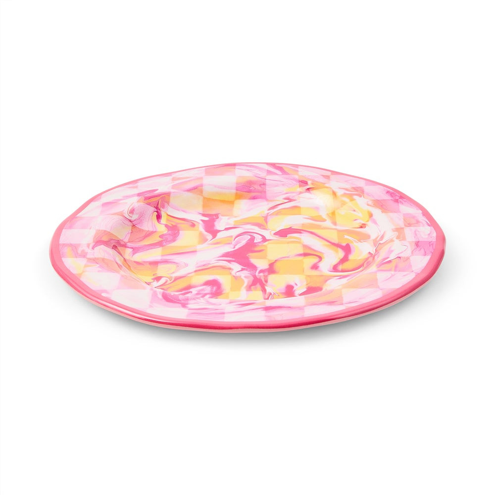 Pink Marble Check Melamine Dinner Plates, Set of 4 | MacKenzie-Childs