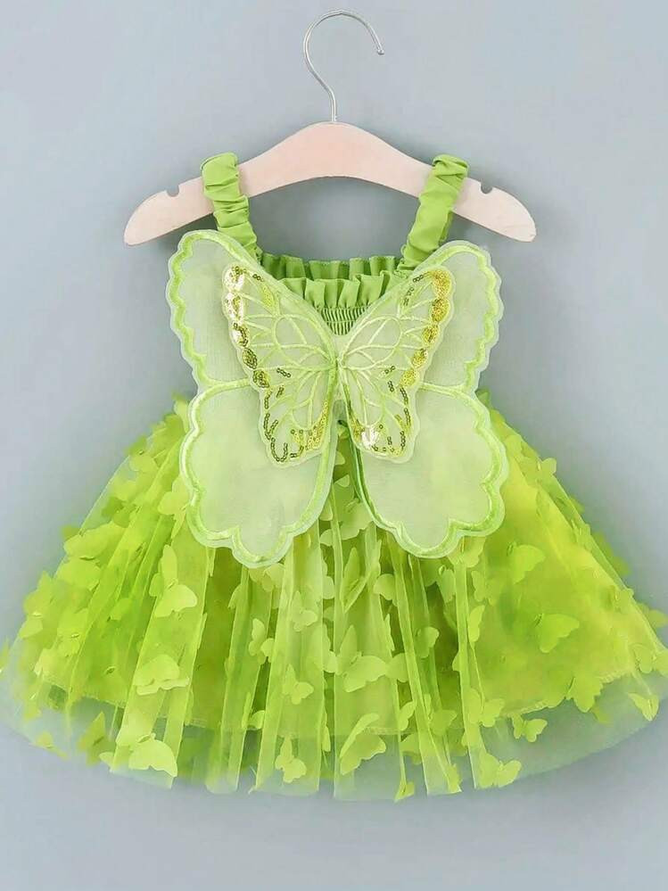 Baby Girl 1pc Cute 3D Butterfly Mesh Colorful Strap Dress, Summer | SHEIN