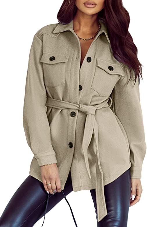 FARYSAYS Womens Shacket Jackets Fall Winter Trench Pea Coat Long Sleeve Button Down Shirts | Amazon (US)