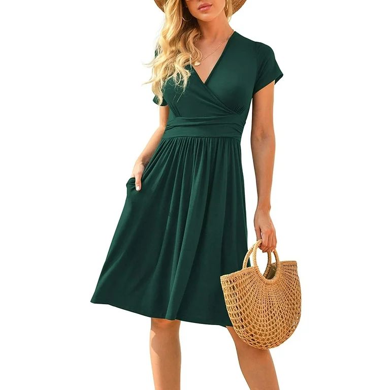 POPYOUNG Women's Summer Casual Short Sleeve V-Neck Short Party Dress with Pockets | Walmart (US)