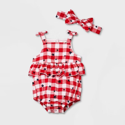 Baby Girls' Gingham Star Poplin Romper with Headband - Cat & Jack™ Red | Target