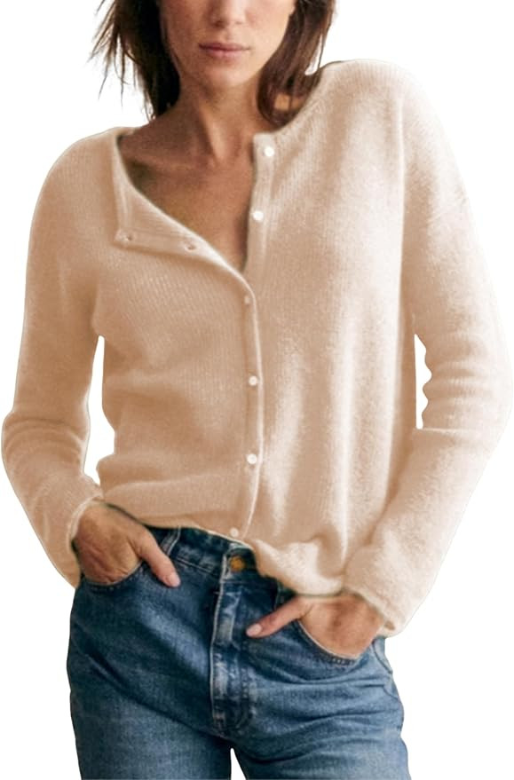 Lviefent Women Knit Cardigans Lightweight Casual Crew Neck Button Down Long Sleeve Sweater Jumper... | Amazon (US)