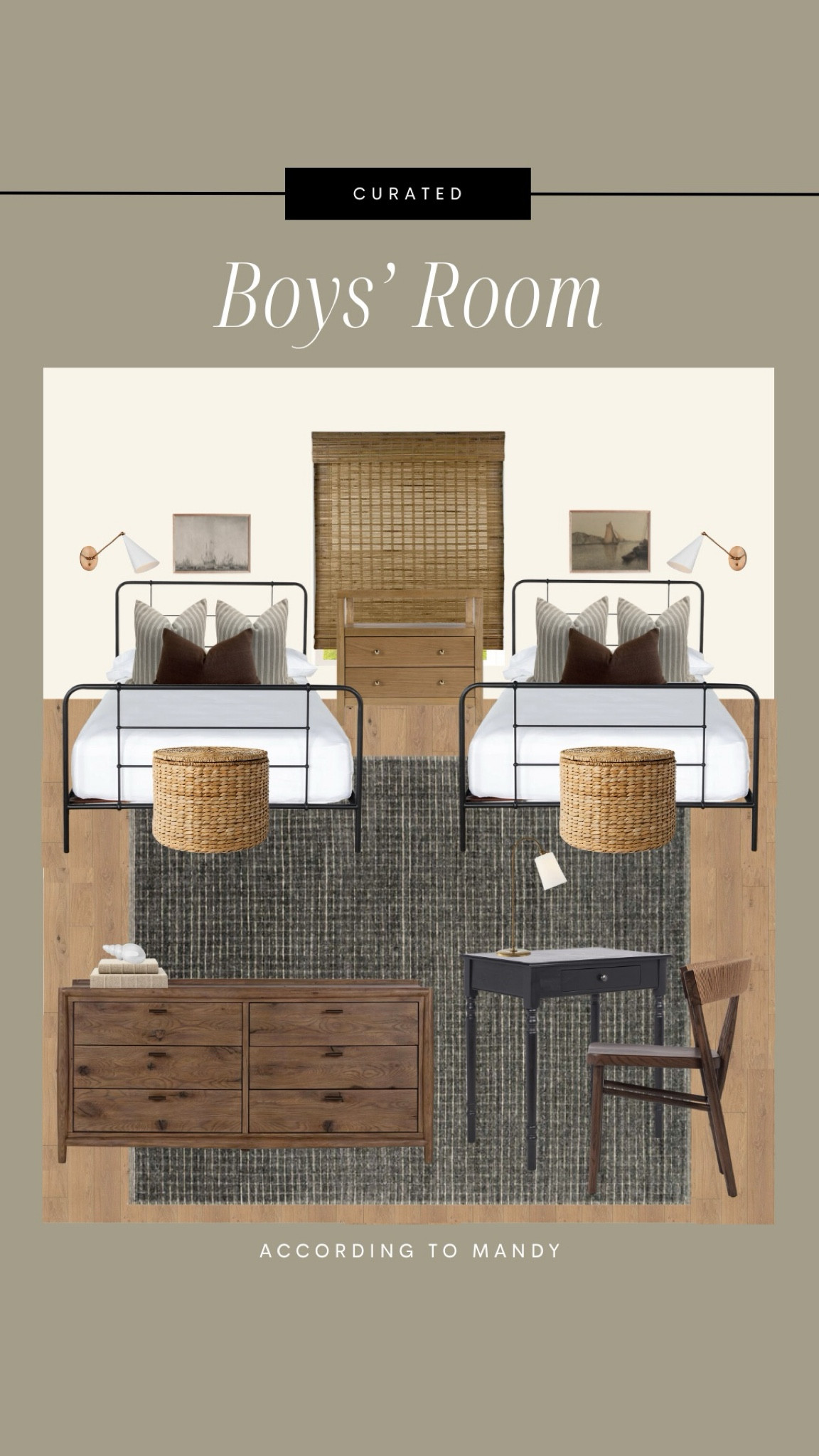 Boys’ Bedroom Moodboard!

moodboard, boys room desing, earthy boys room, nautical boys room, vintage kids room, mcgee & co kids, wayfair finds, neutral boys room, rattan storage ottoman, roman shades, iron bed frame 

#LTKhome #LTKstyletip