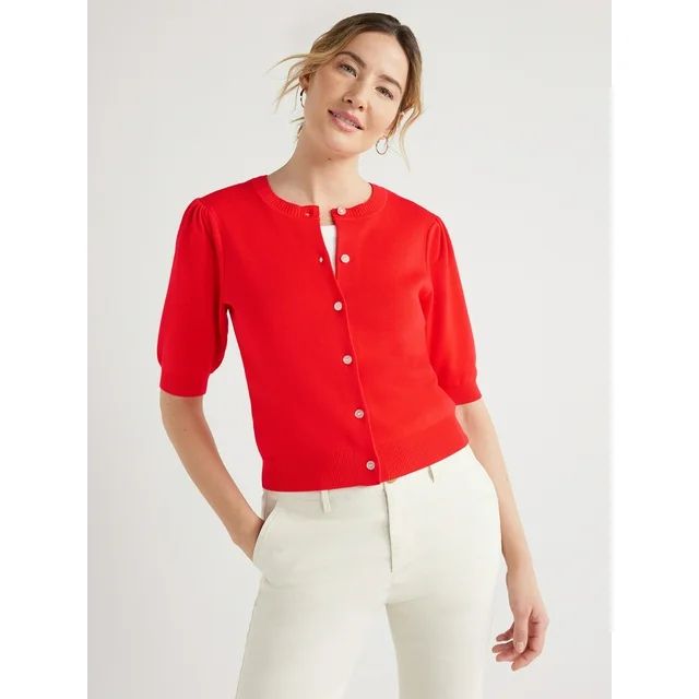 Free Assembly Women's Cardigan Sweater with Short Puff Sleeves, Midweight, Sizes XS-XXL | Walmart (US)