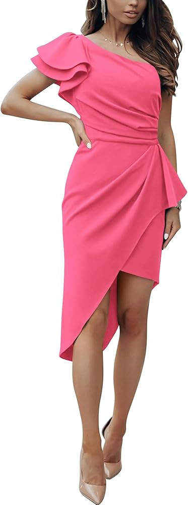 BTFBM Women 2025 Summer Fashion Elegant One Shoulder Cocktail Dress Ruffle Sleeve Wrap Ruched Bod... | Amazon (US)
